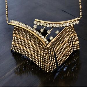 Vintage Gold Tone Ball Bead Beaded Link Chain Fringe Necklace